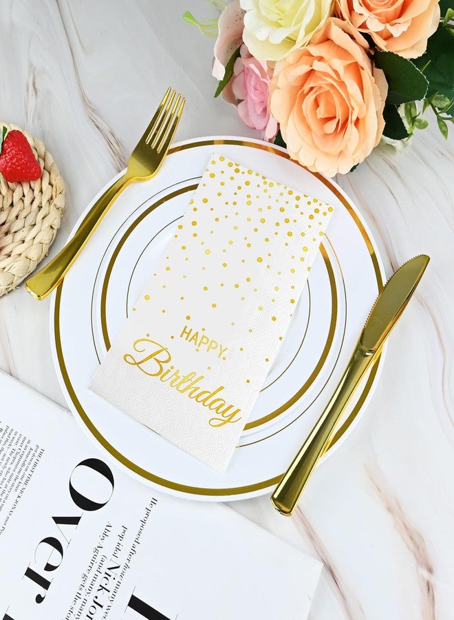 MEINV 100 Happy Birthday Guest Napkins - Disposable Gold Foil Dots Paper Hand Towels, 3 Layers White and Gold Birthday Dinner Napkins for Men Women Birthday Party Table Decorative - Image 4